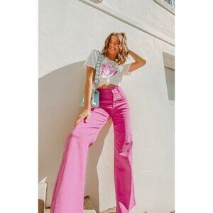 Zara Wide Leg  High Rise Denim Jeans Hot Pink SZ 4